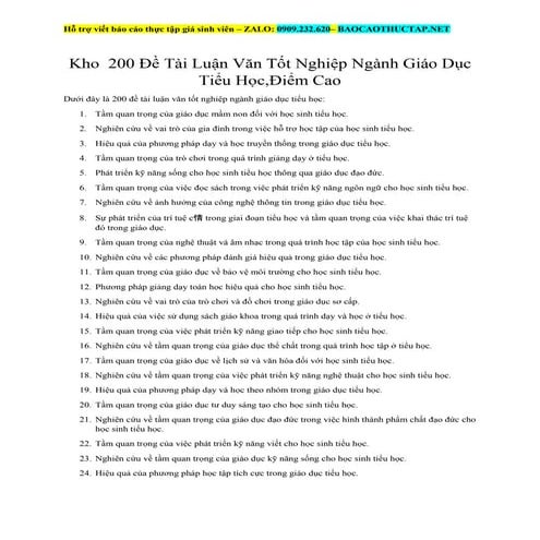 Kho 200 Đề Tài Luận Văn Tốt Nghiệp Ngành Giáo Dục Tiểu Học