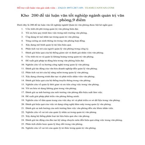 Kho 200 đề tài luận văn tốt nghiệp ngành quản trị văn phòng, 9 điểm