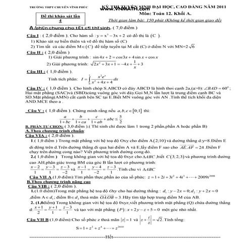 Khảo sát toán chuyên vĩnh phúc 2011 lần 4 k a