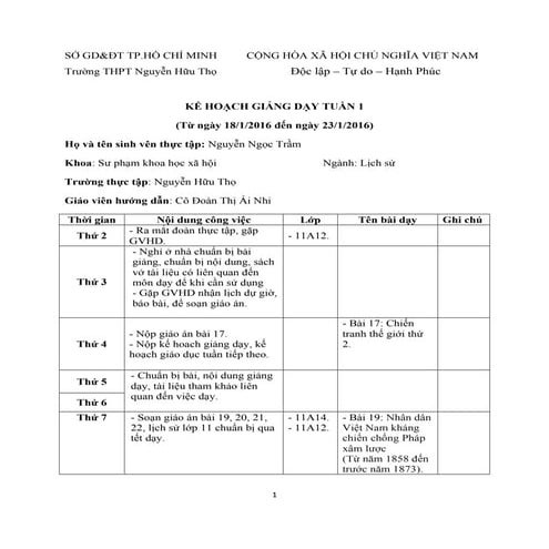 Kế hoạch thực tập giảng dạy theo tuần 2016