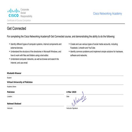 Cisco NetAcad Get Connected presented to Khubaib Khawar