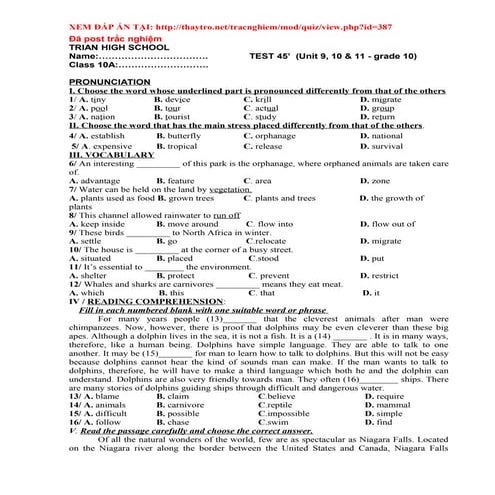 Kiểm tra 1 tiết unit 9, 10, 11 tiếng anh 10 trường THPT Trị An 2011