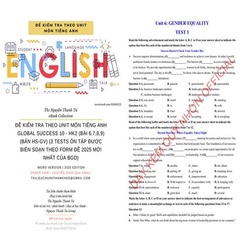 ĐỀ KIỂM TRA THEO UNIT MÔN TIẾNG ANH GLOBAL SUCCESS 10 - HK2 (BÀI 6,7,8,9) (BẢ...