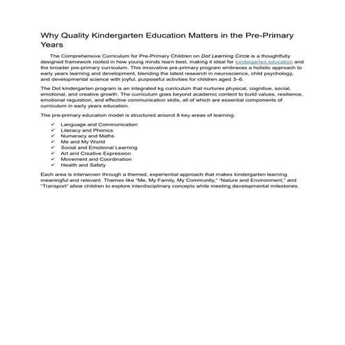 Why Quality Kindergarten Education Matters in the Early Years | PDF