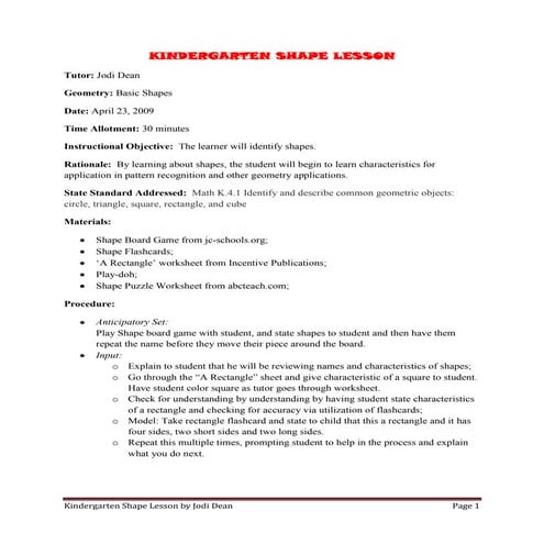 K I N D E R G A R T E N  S H A P E  L E S S O N