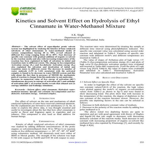 Kinetics and Solvent Effect on Hydrolysis of Ethyl Cinnamate in Water-Methanol Mixture