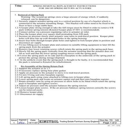 Kinetrol Series 180 - 189 Actuator Spring Removal Replacement Instructions