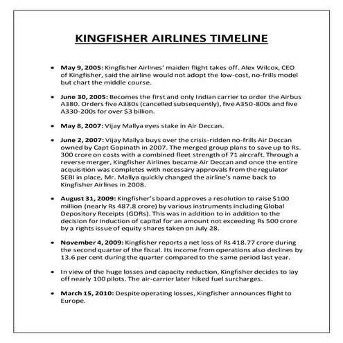 Kingfisher airlines timeline