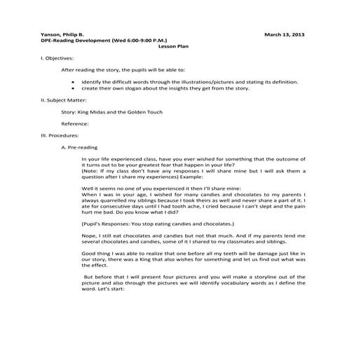 Lesson plan King midas andthe golden touch