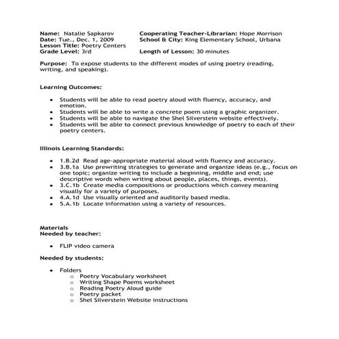 Poetry Centers Lesson Plan