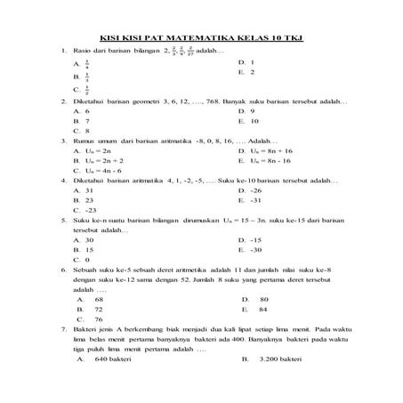Kisi kisi pat matematika kelas 10 tkj