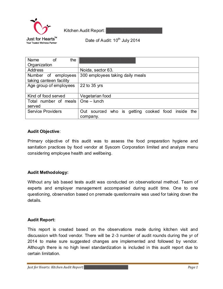 just for hearts kitchen audit report sample draft draft internal audit report company
