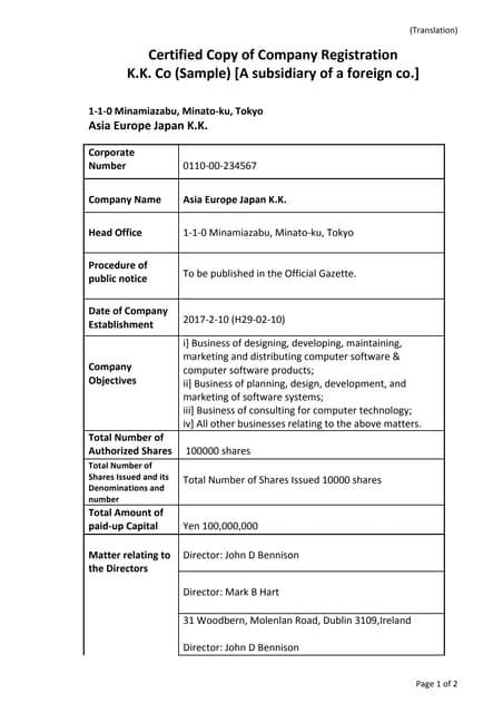 Japan Branch Office Registration Certificate Sample | PDF | Business ...