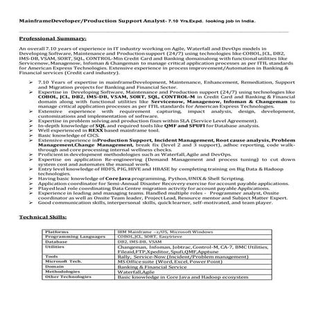 Mainframe Developer/Production Support Analyst looking job in India ...