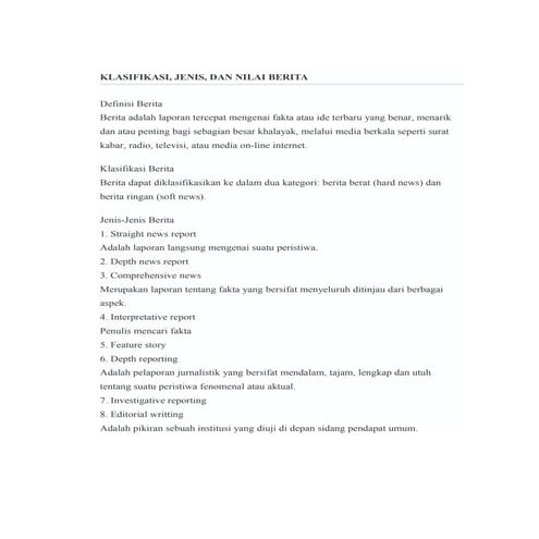 Klasifikasi, jenis, dan nilai berita