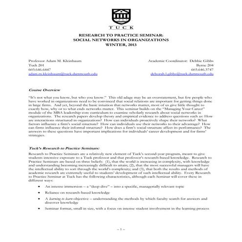 Kleinbaum  social networks in organizations syllabus (tuck school 2013)