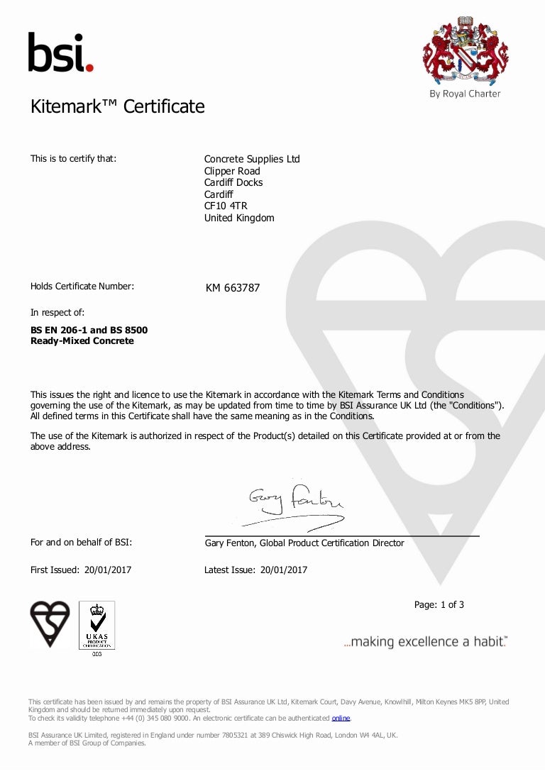 BSI Kitemark certificate for Concrete Supplies Ltd