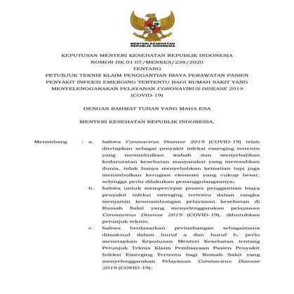 Keputusan Menteri Kesehatan Republik Indonesia Nomor HK. 01.07/MENKES/238/2020