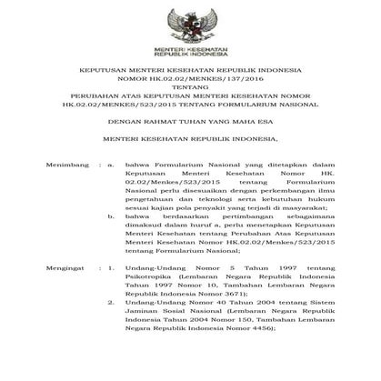 Kmk no. hk.02.02 menkes-137-2016 ttg formularium nasional
