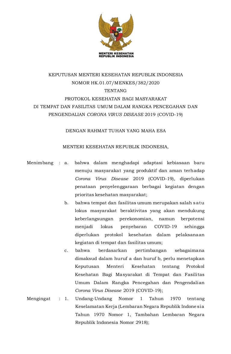 Kmk No Hk 01 07 Menkes 382 2020 Ttg Protokol Kesehatan Bagi Masyarak Kmk No Hk 01 07 Menkes 382 2020 Ttg Protokol Kesehatan Bagi Masyarak