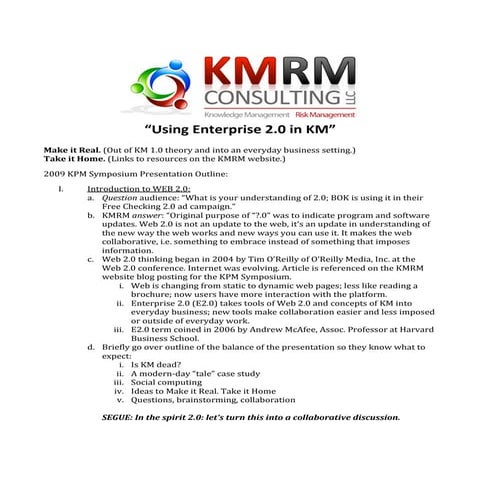 Kmrm E20 Presentation Outline