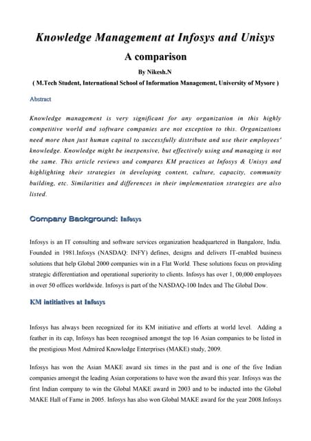 Knowledge Management at Infosys and Unisys : A Comparison