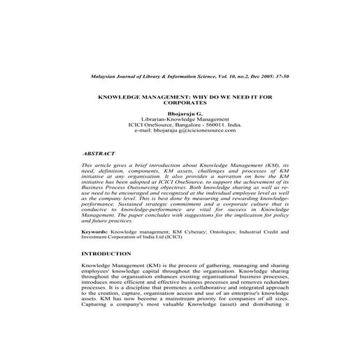 KNOWLEDGE MANAGEMENT: WHY DO WE NEED IT FOR CORPORATES