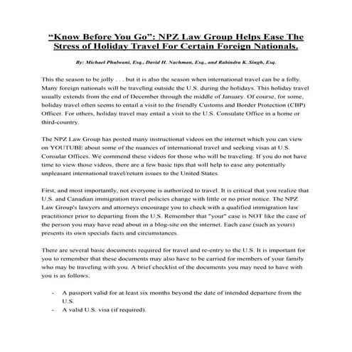 “Know Before You Go”: NPZ Law Group Helps Ease The Stress of Holiday Travel F...