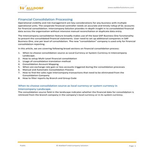 Knowledge article - financial consolidation processing
