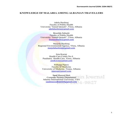 KNOWLEDGE OF MALARIA AMONG ALBANIAN TRAVELLERS 