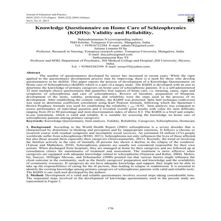 Knowledge questionnaire on home care of schizophrenics (kqhs) validity ...