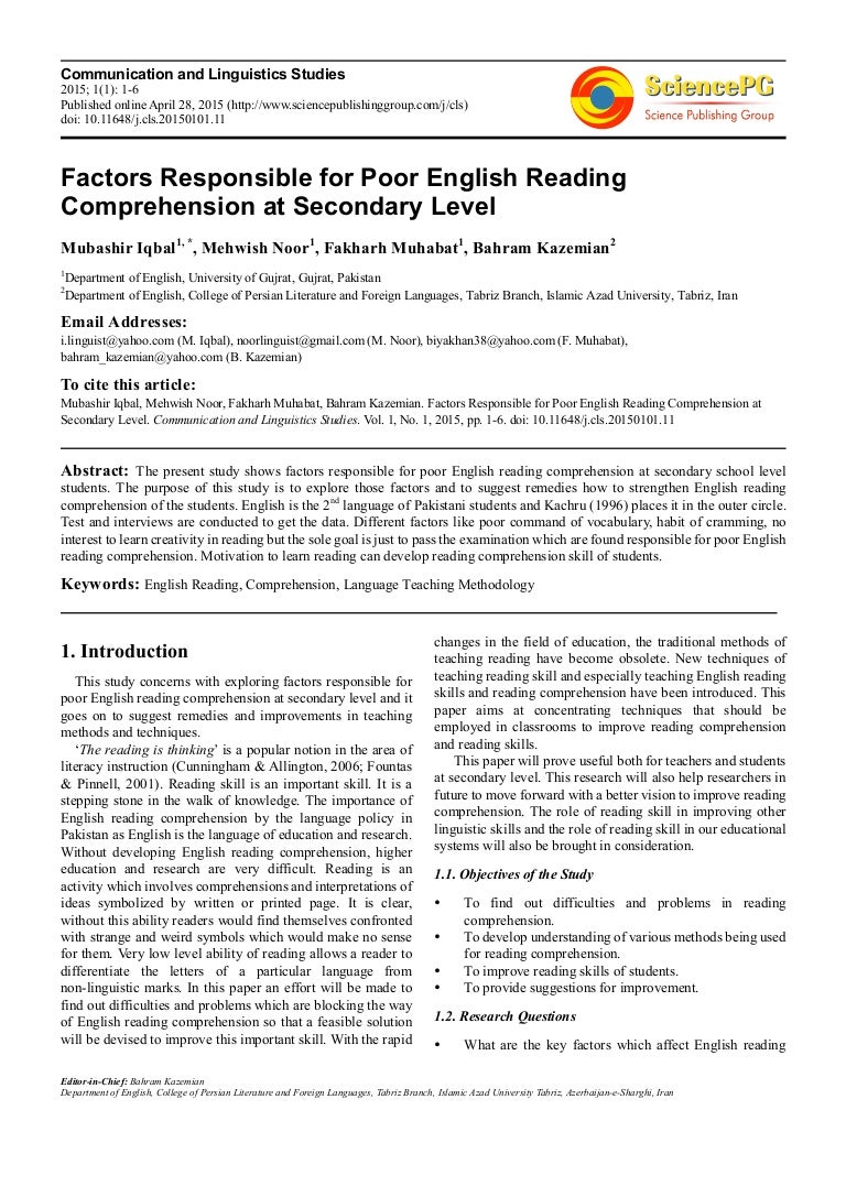 Factors Responsible For Poor English Reading Comprehension At Seconda… - Factors Responsible For Poor English Reading Comprehension At Seconda…