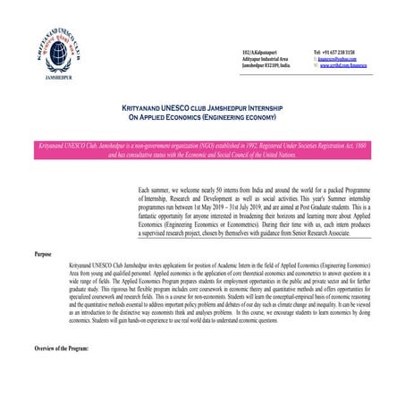 Krityanand UNESCO club Jamshedpur Internship On Applied Economics (Engineering economy)