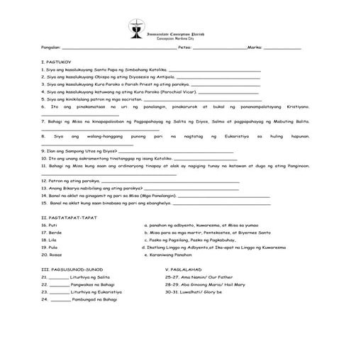 Written Examination for the Altar Servers