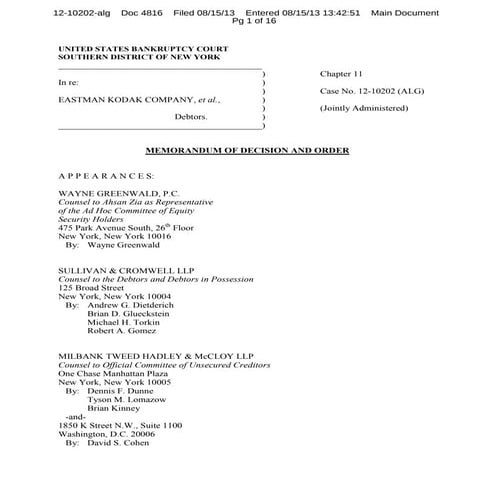 Kodak equity committee opinion