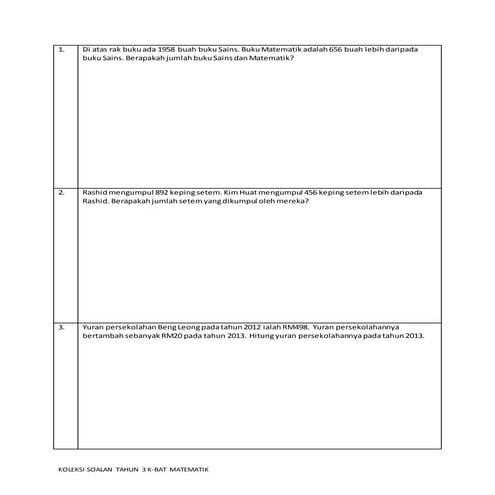 Koleksi soalan matematik tahun 3  kbat