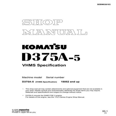 Komatsu d275 ax 5 dozer bulldozer service repair manual sn 20001 and up ...