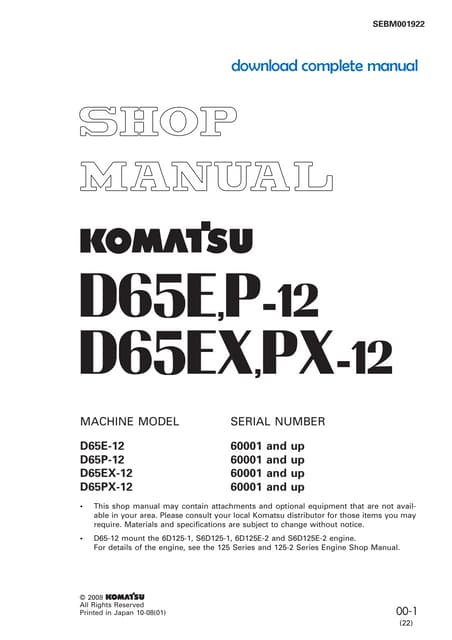 Komatsu d65 ex 12 dozer bulldozer service repair manual