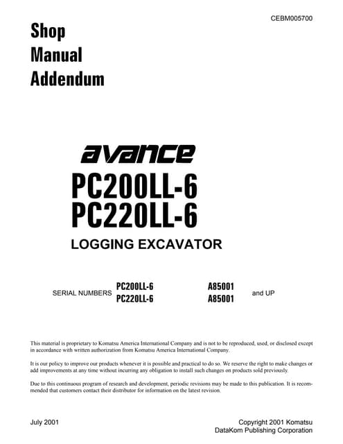 Komatsu pc200 ll 6 excavator service repair manual sna85001 and up