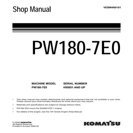 Komatsu pw180 7 e0 hydraulic excavator service repair manual (sn h55051 ...