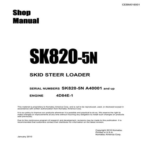 Komatsu Sk0 5 N Skid Steer Loader Service Repair Manual Sn 0001