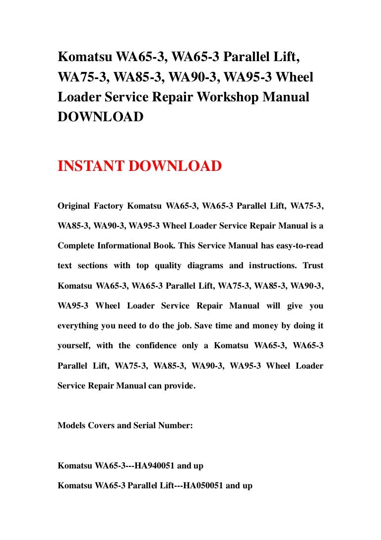 Komatsu Wa50 3 Wheel Loader Service Shop Repair Manual S N 21450 And Up