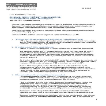 Kommenttini NRF:n SASE-tilintarkastusstandardista pienyhteisöille (ehdotus) 19.10.2015