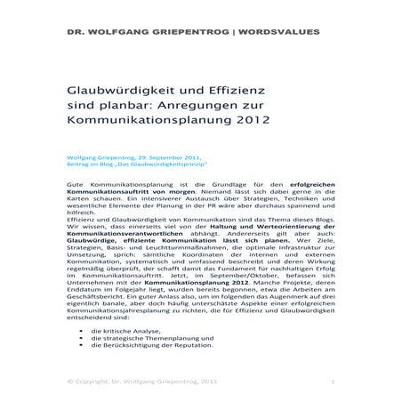 Glaubwürdigkeit und Effizienz  sind planbar: Anregungen zur Kommunikationspla...