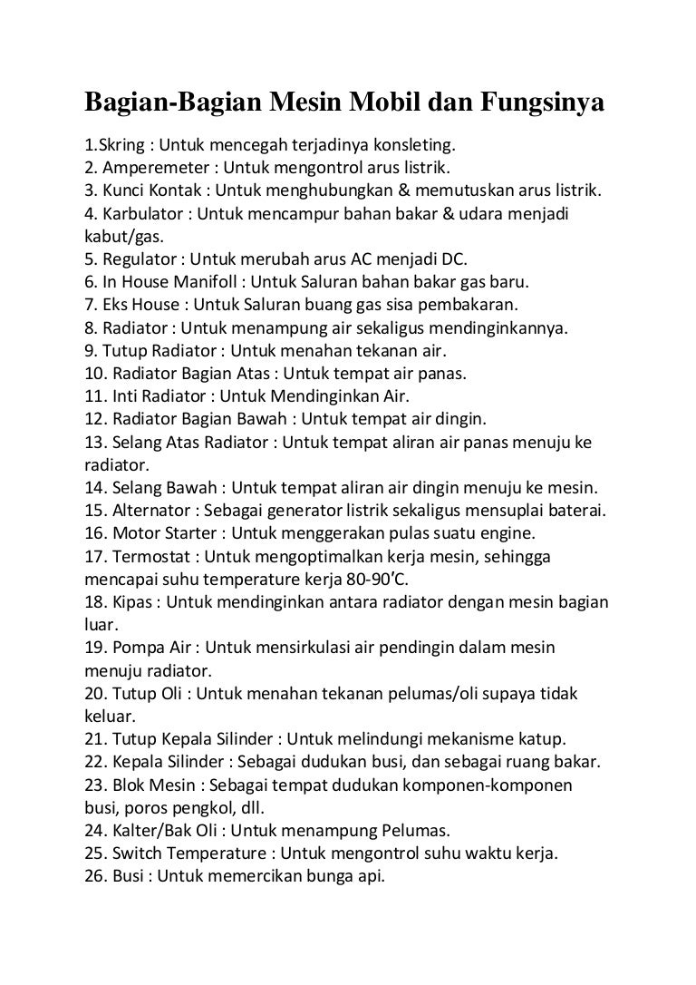 Komponen Mobil Dan Fungsi Nya