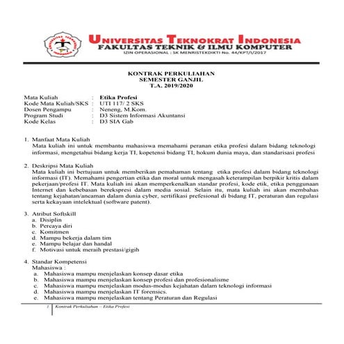 Kontrak Kuliah - Etika Profesi