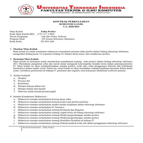 Kontrak Kuliah - Etika Profesi