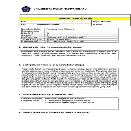 Kontrak kuliah p ilmu ekonomi i kelas a