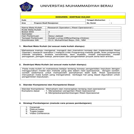 KONTRAK KULIAH MATA KULIAH RISET OPERASI
