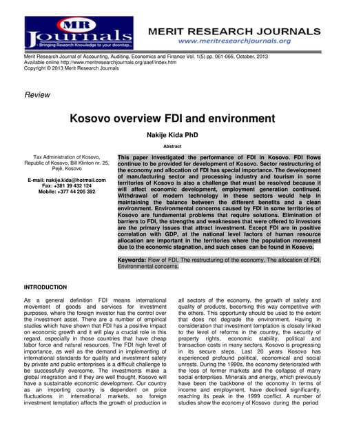 Kosovo Overview FDI and Environment